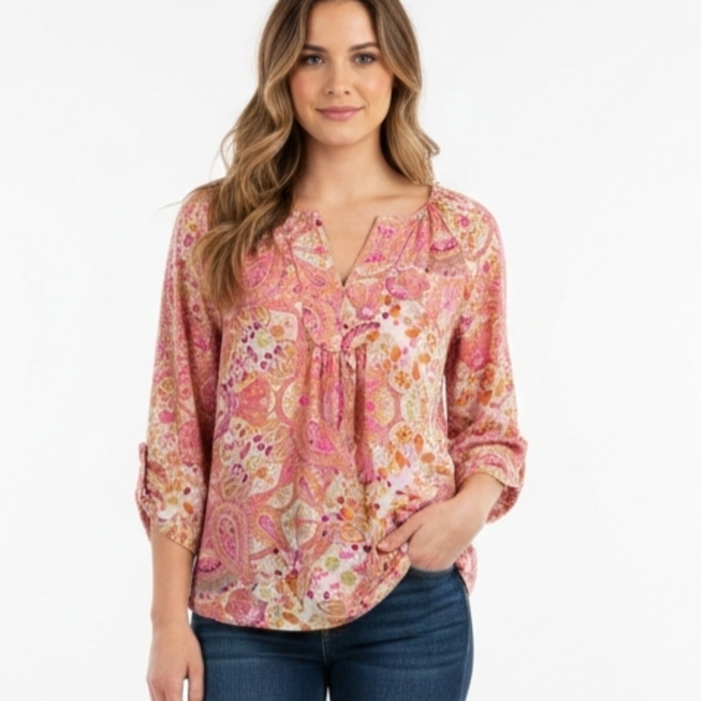 Alice & Trixie Pink Paisley Floral 100% Silk Peasant Blouse Size M